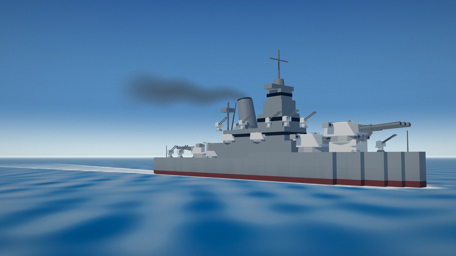 A grey block-built battleship cutting through a bright blue sea, guns trained forward, funnel smoke drifting aft