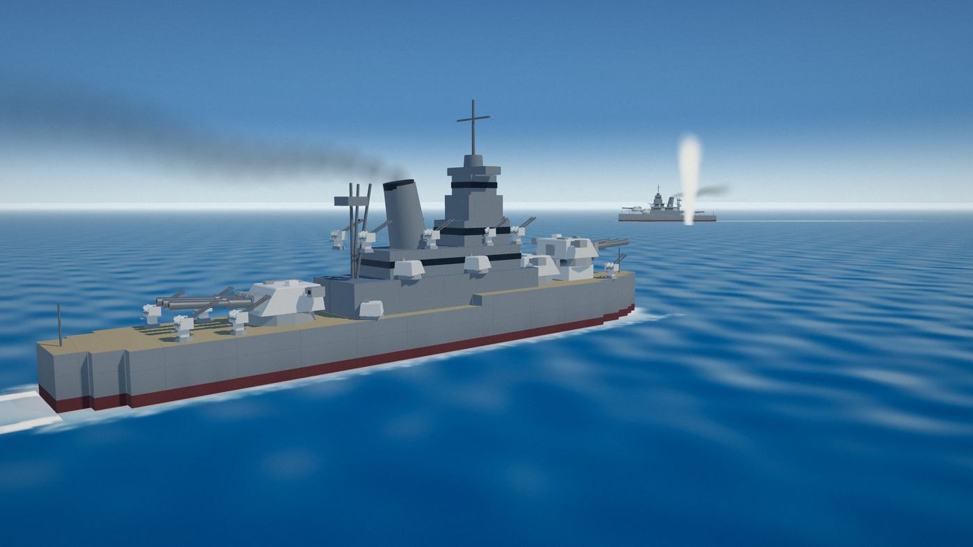 Battleship at sea under a clear blue sky, an enemy ship and a shell splash on the horizon