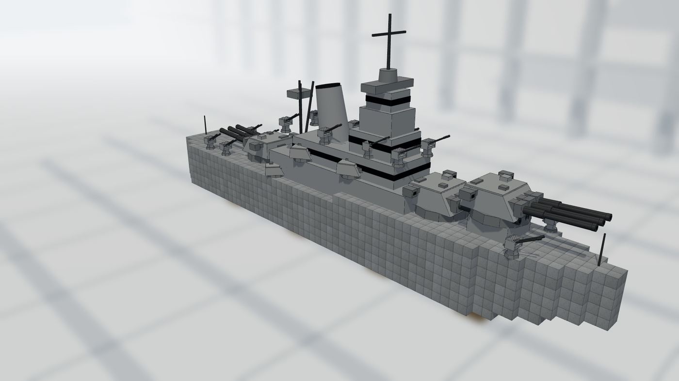 A battleship under construction in the shipyard, every block outlined on a light grid floor